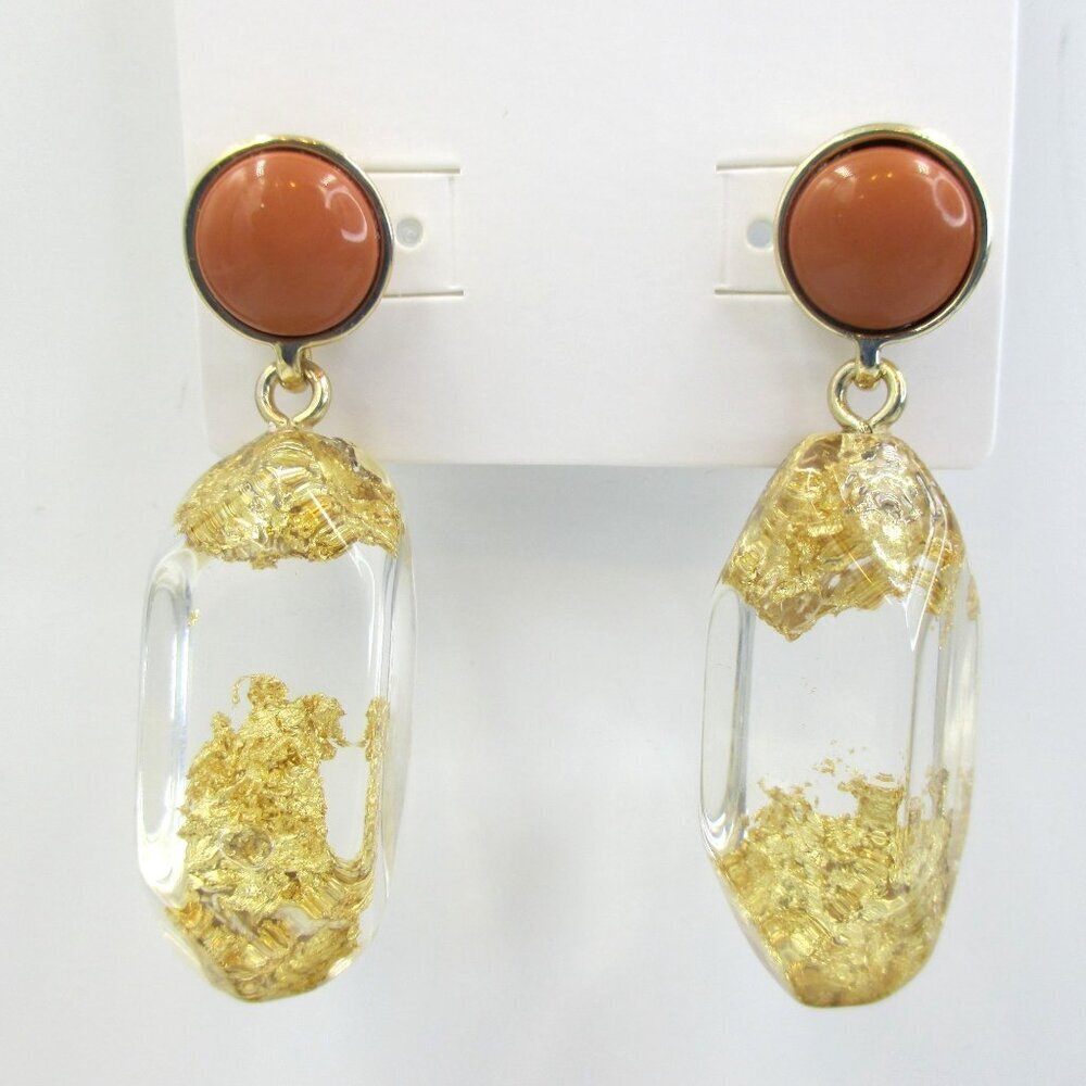 Chico's No Droop™ Lucite Gold Foil Earrings NWT Neutral Earthcore Unique - Picture 7 of 9